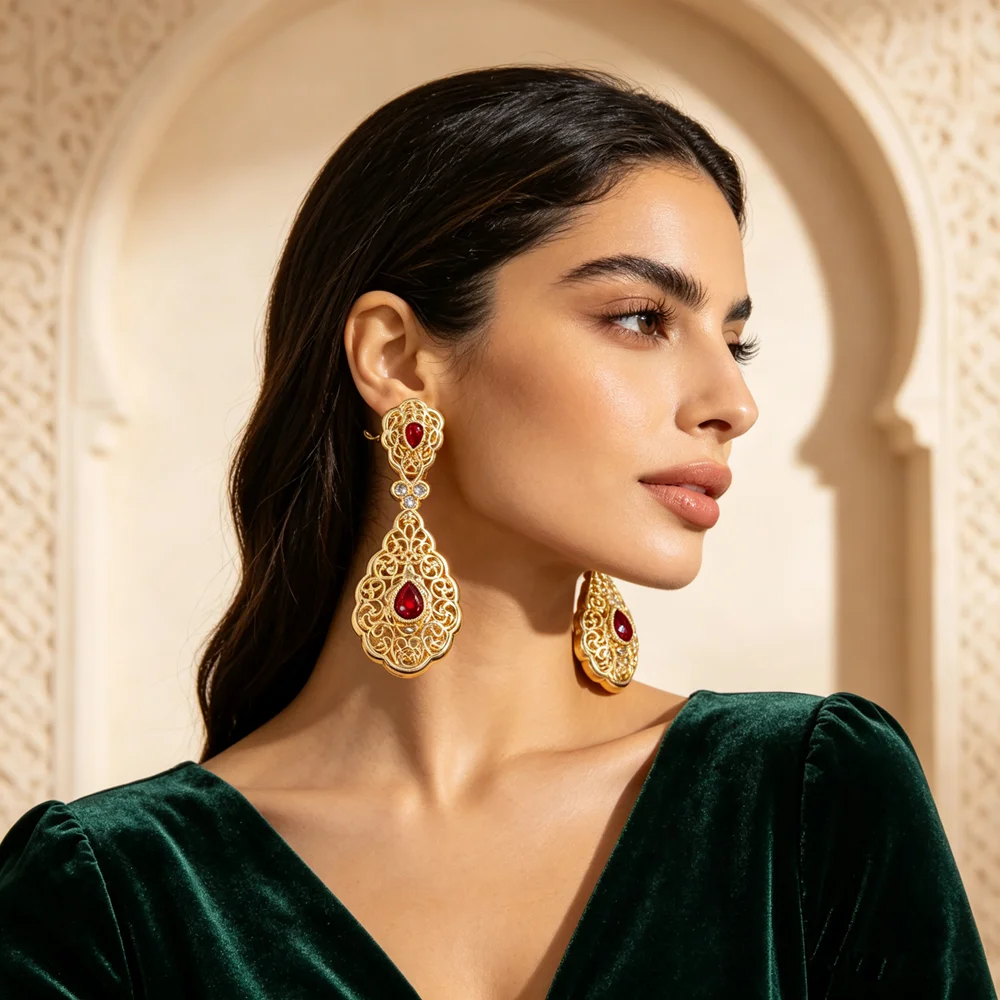 Moroccan Bridal Gold Filigree Earrings Large Teardrop Rhinestone Embellished Drop Earrings For Formal Party Outfit