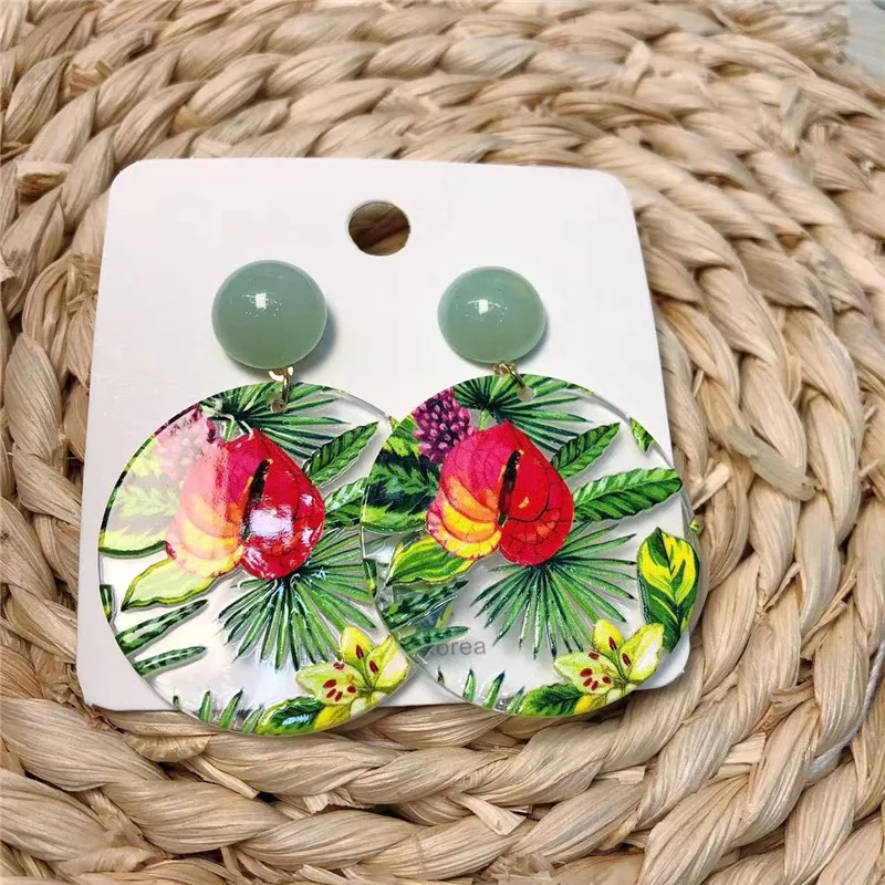 Green Color Acrylic Drop Earrings Resin Dangle Vintage Round Geometric Flower For Women Girl Trendy Jewelry Gifts