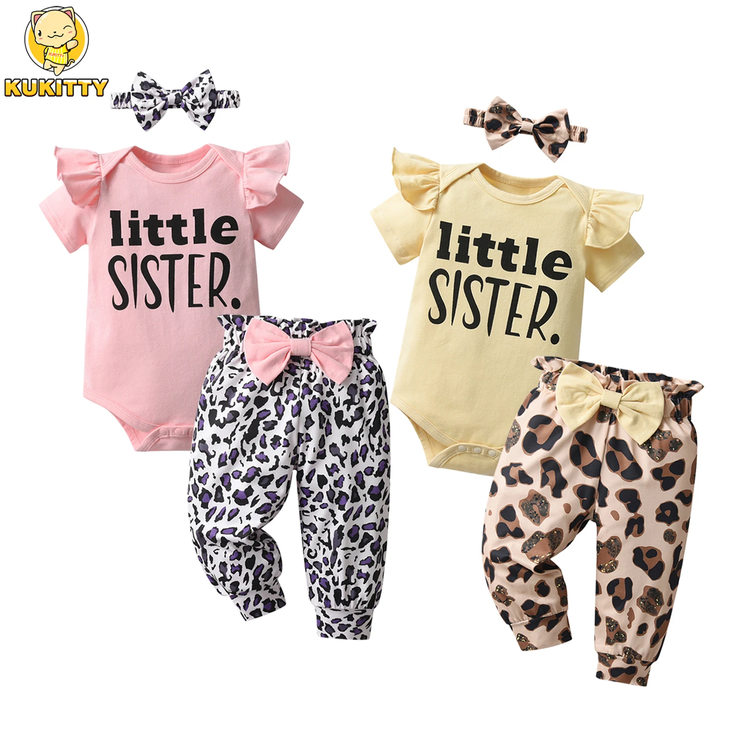 KuKitty Fashion Summer Newborn Infant Baby Girl Clothes Set Short Sleeve Ruffle Romper Tops Leopard Pants Headband 3Pcs Outfits