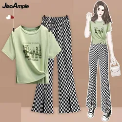 NOVEDAD DE VERANO 2021, camiseta estampada a la moda, Top + pantalones acampanados, conjunto coreano elegante de dos piezas de manga corta a juego, traje femenino