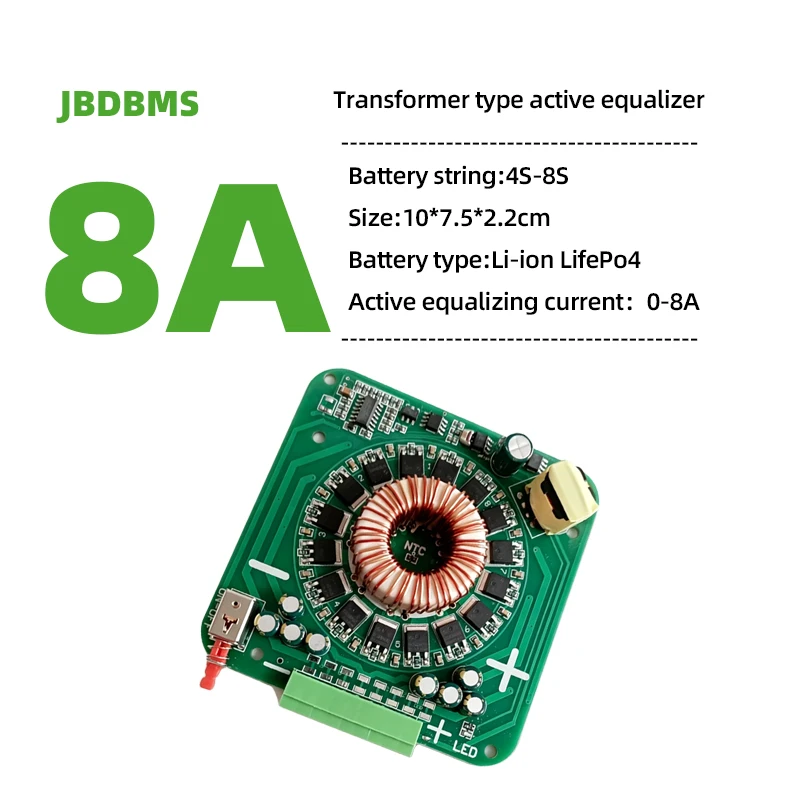 JBDBMS 4S-8S 8A 0.005V Transformer-Based Active Lithium Battery Balancer High Current Voltage Equalizer support NMC LFP battery