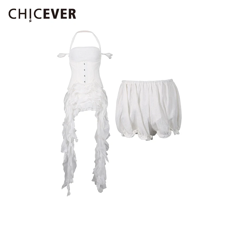 

CHICEVER Solid Spliced Ruffles Two Piece Set Female Halter Sleeveless Vest Sweet Irregular Women's Skirt Sets Fashion New Style