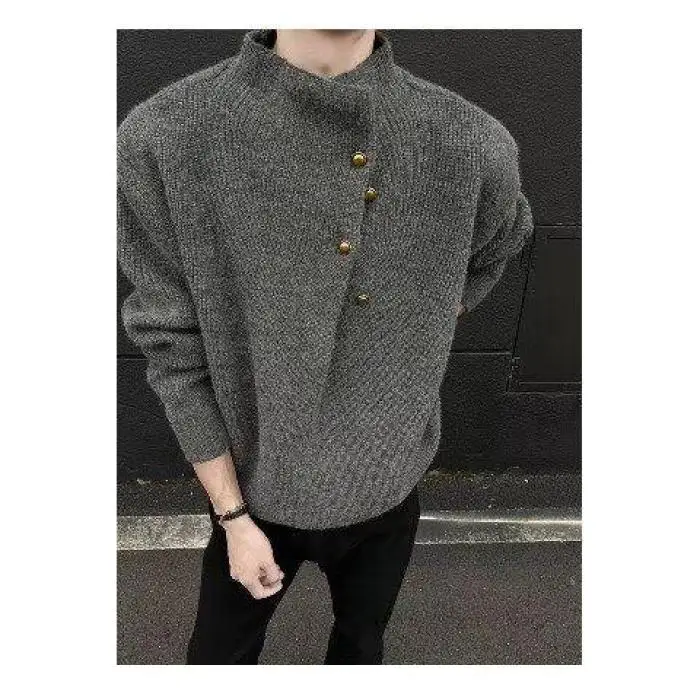 

High Collar Men's Knitwear Irregular Button Design Lazy Cool Sle Korean Trendy Brand Ultra Soft Polyester Fiber Spring Commute