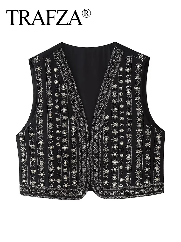 TRAFZA Summer Women New Fashion V-Neck Sequin Embroidered Short Vest Female Chic Attractive Sleeveless High Street Casual Top