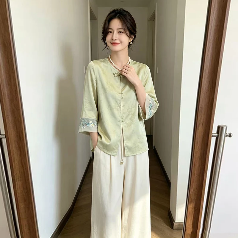 New Chinese Style Embroidered round Neck Floral Embossed Acetate Satin Drape Wide Leg Pants Women's Set Traditional Wedding C...