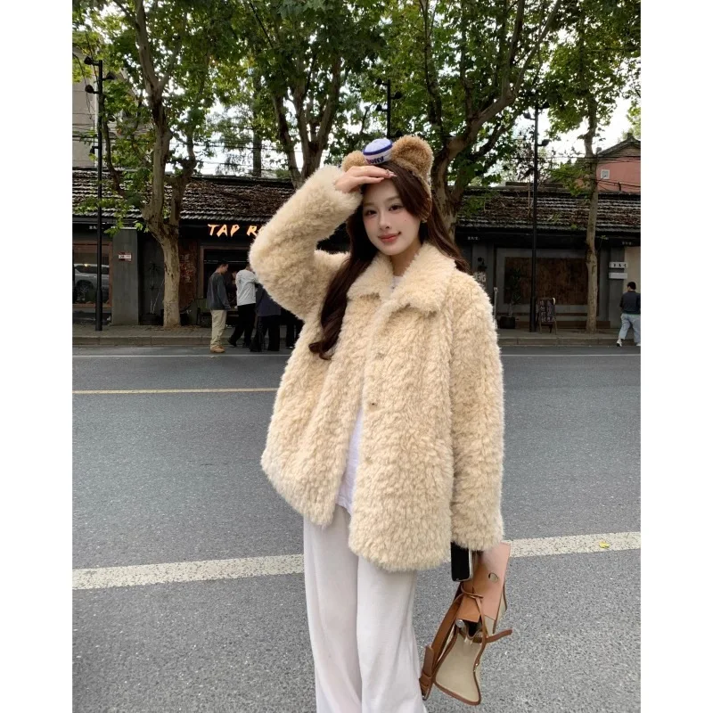 2025 Winter Women Faux Fur Short Coats Thick Warm Turn Down Collar Casual Furry Jackets Cardigan Long Sleeve Streetwear