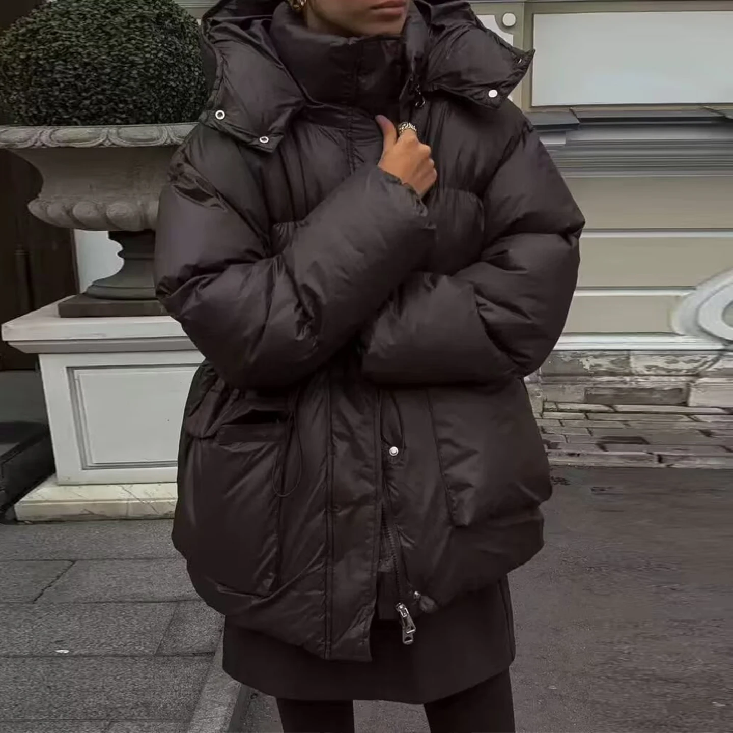 

Ele Casual Long Sve Hooded Women's Cotton Jaet Waist-Cinching Comfortable Fit Commute Sle Zipper Closure Color