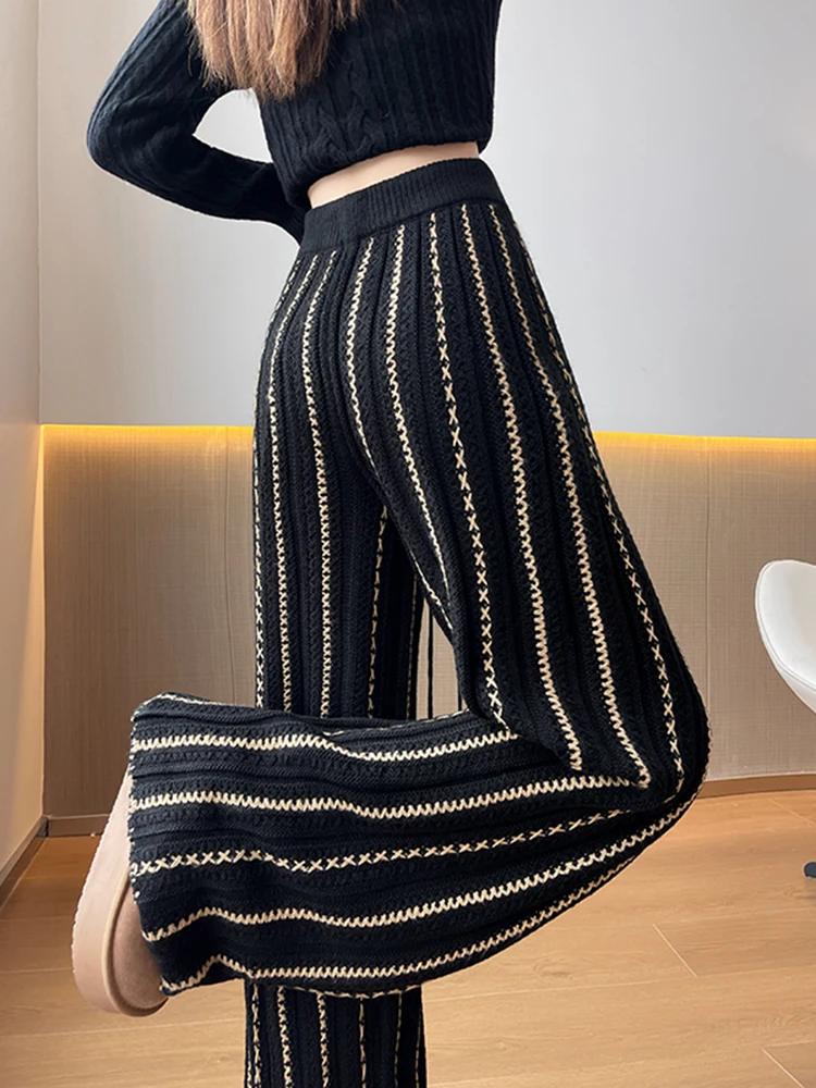 

Women's Knitted Wide Leg Casual Pants High Waist Trousers Autumn Winter New Sle Loose Fit Floor Length Stripe Design