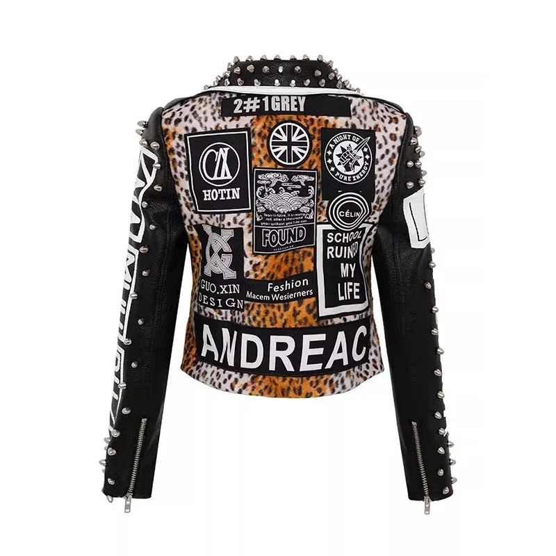 Leopard Patchwork Leather Jacket Women 2024 Trend Rivets Punk Style Streetwear Graffiti Print Faux Leather Motorcycle Jackets