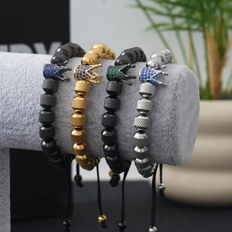 Luxury Stainless Steel Beads Crown Charms Man Bracelet Jewelry Gift