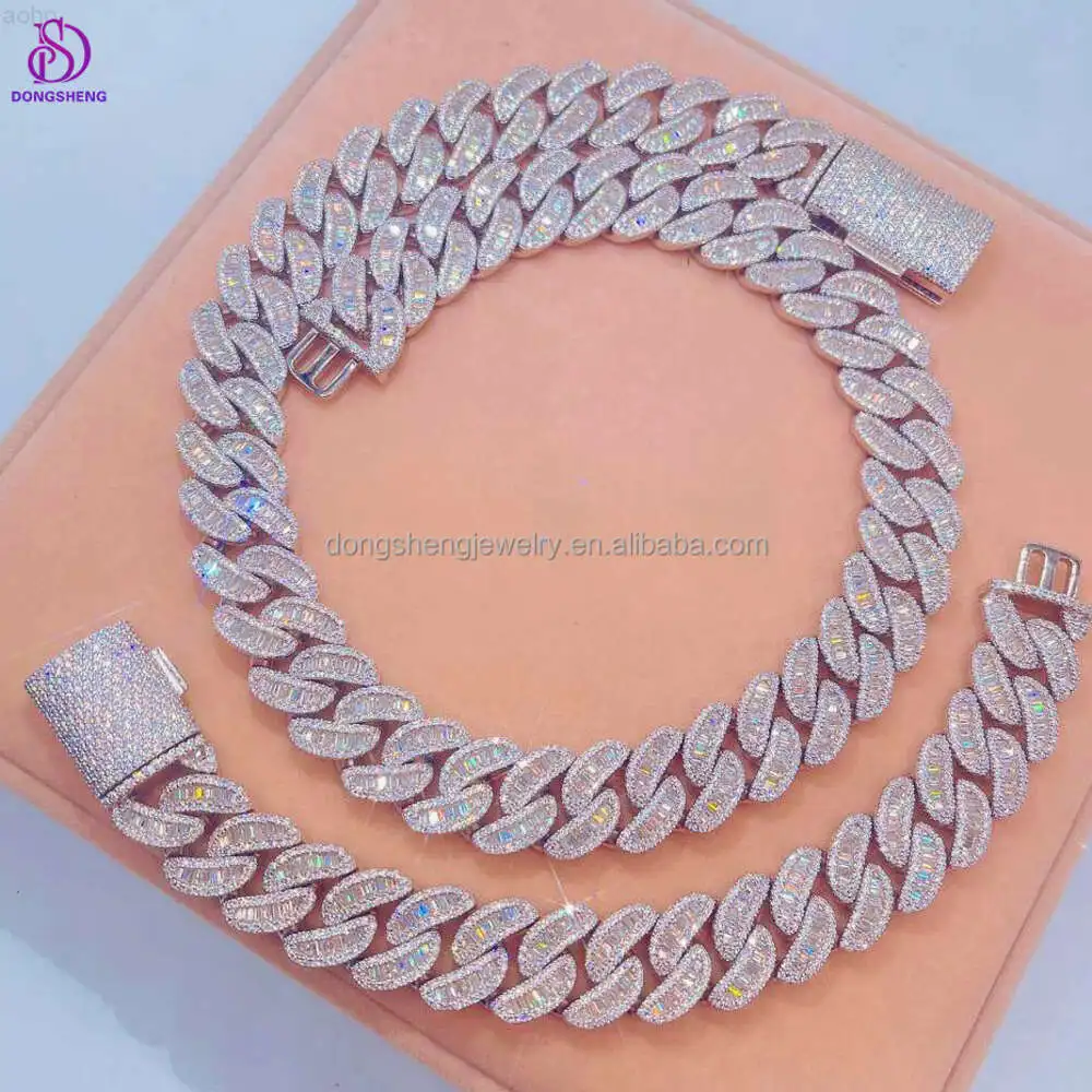 

High Quality Hip Hop Jewelry 925 Silver 18mm 20mm Ice Out Vvs Baguette Diamond Moissanite Cuban Link Chain for Mens