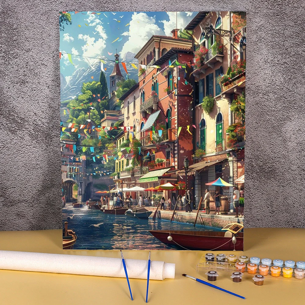 

Water Town Diy Digital Painting By Number Kit Acrylic Picture Wall Art Hand Painted Oil Painting For Living Room Home Decor