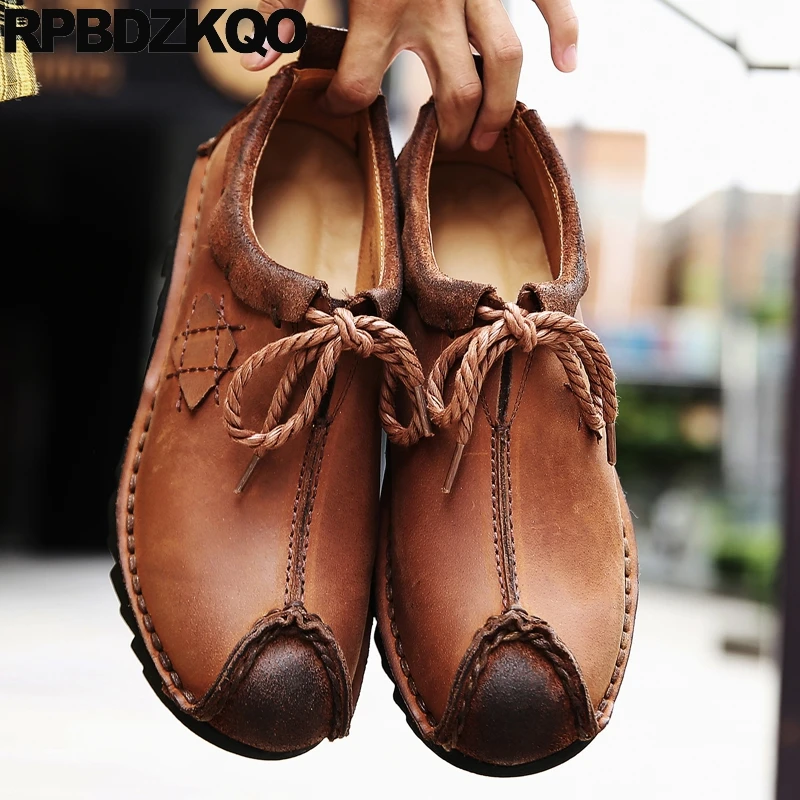 

Folk Shoes Lace Up 45 Full Grain Leather Embroided Traditional Men Brown China Large Size Ethnic Flats Round Toe Goodyear Welted