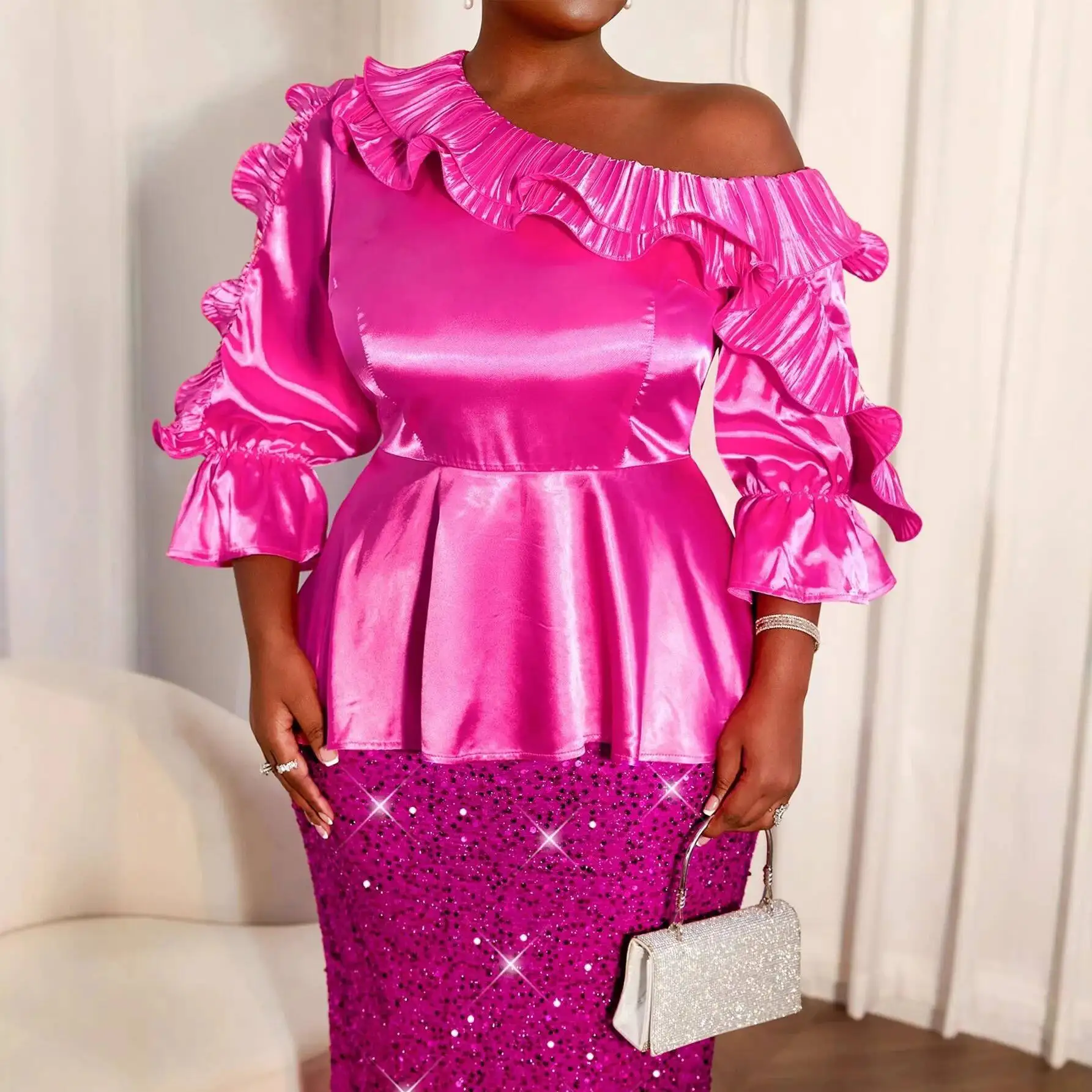 

Plus-size Women's Rose Red Satin Ruffled Off-shoulder Top And Sequined Bodycon Skirt Two-piece Party Dress Set Casual Y2K