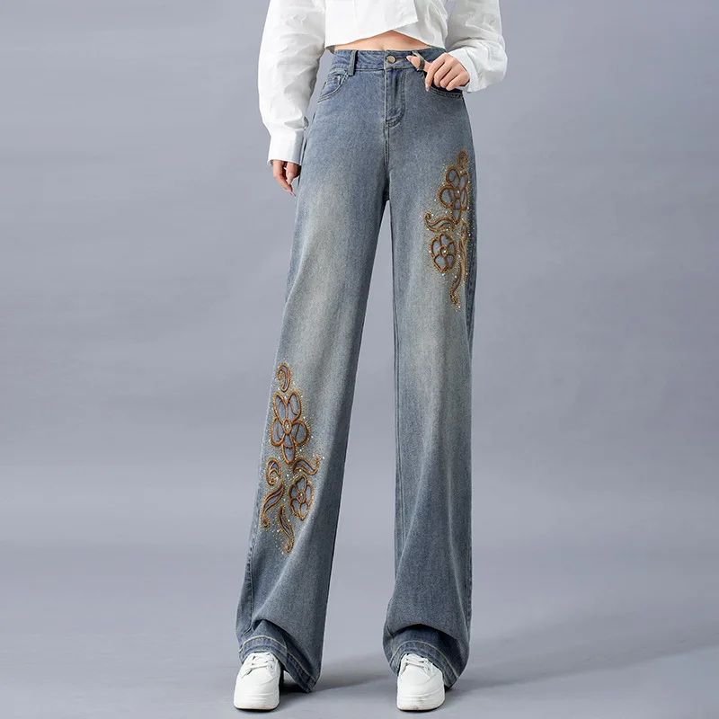 

Narrow Wide-Leg Jeans for Women, Spring and Autumn Versatile Loose Fit, National Style Embroidery, Straight-Leg Draped Floor-Len