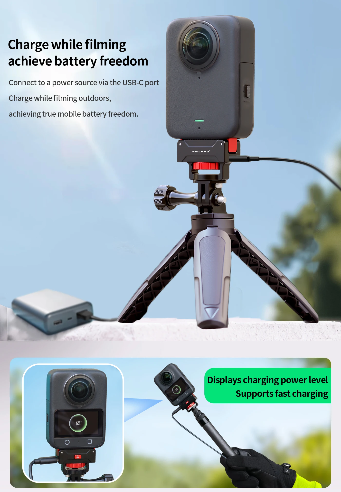 Schnellverschluss-Magnethalterung für DJI Osmo 360 Action-Kamera, Ladestation mit USB-C-Anschluss, 1/4 Zoll Stativ, Selfie-Stick, Motorradhalterung – Detail 13