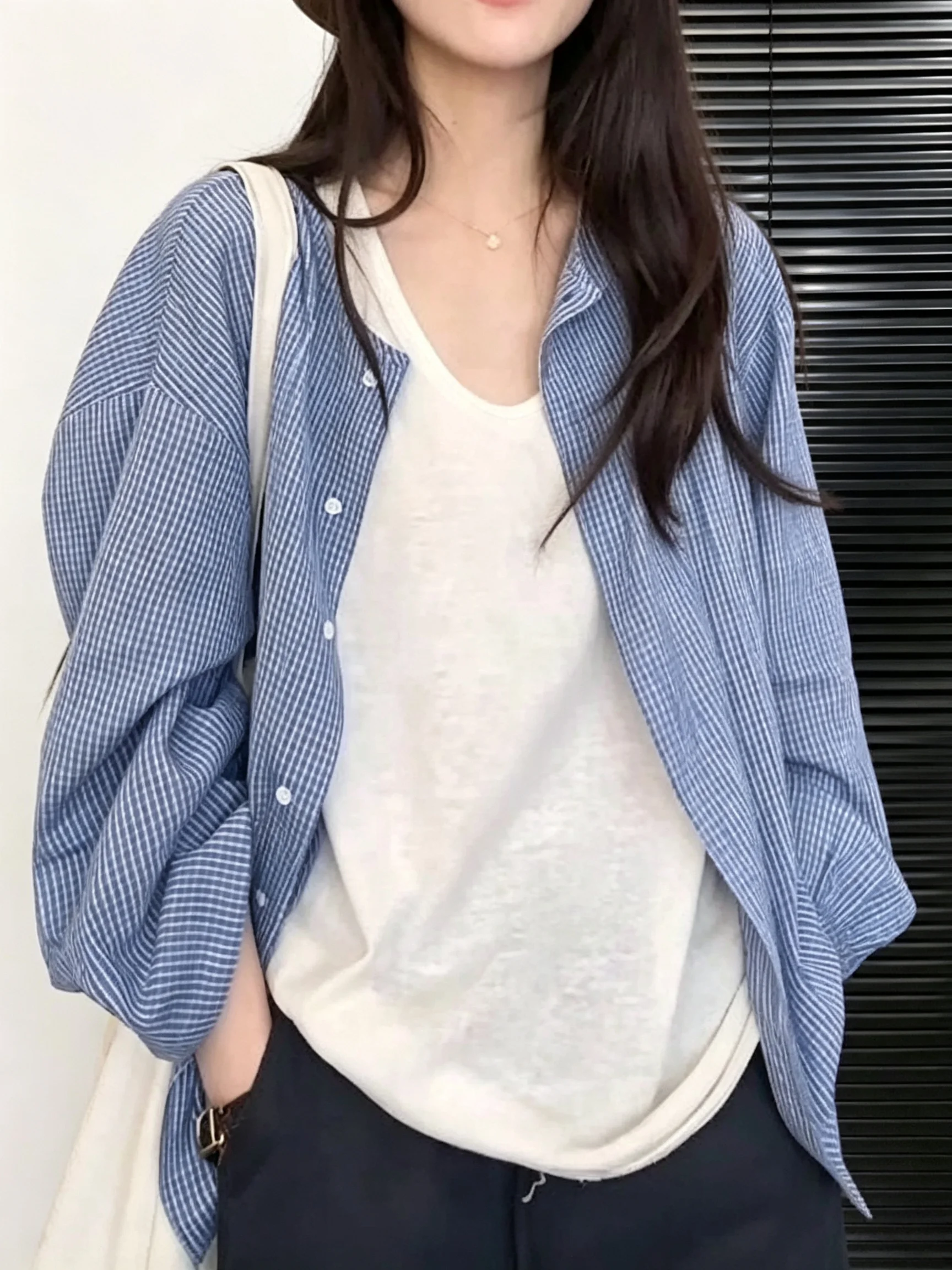 Blue Plaid Long Sleeve Shirt Women's Spring Autumn Thin Lazy Style Loose Slimming Sun Protection Open Cardigan Top