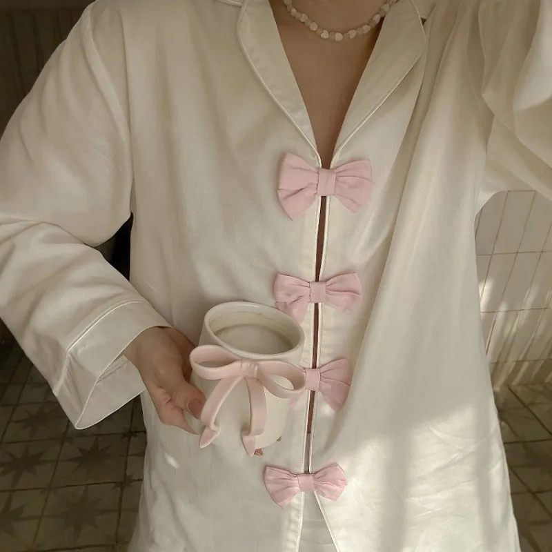2026 Spring Summer Women's Pajamas Lounge Wear Set Solid Color Long Sleeves Bow Lapel European American Style Cotton 2 Pieces