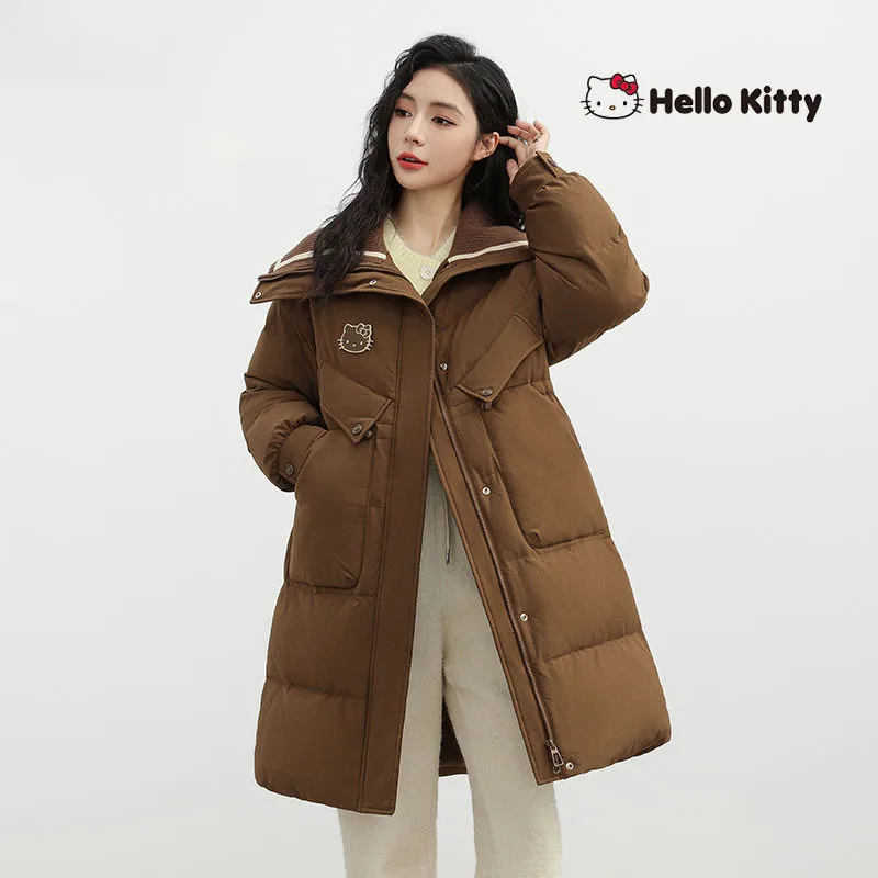Kurtka puchowa Hello Kitty z białego puchu kaczego, damska, zimowa, gruba, ciepła, długa, płaszcz typu puffer, modna parka damska, słodki płaszcz wierzchni, prezent.