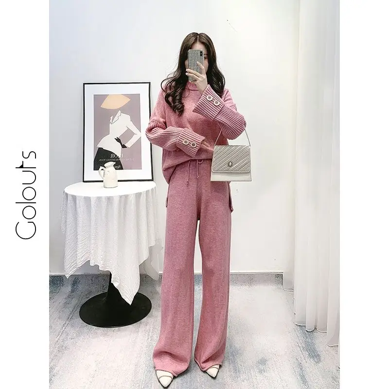 

Sweater pullover loose knitted wide -leg pants suit French retro high -neck sweater temperament two -piece of sweater set female