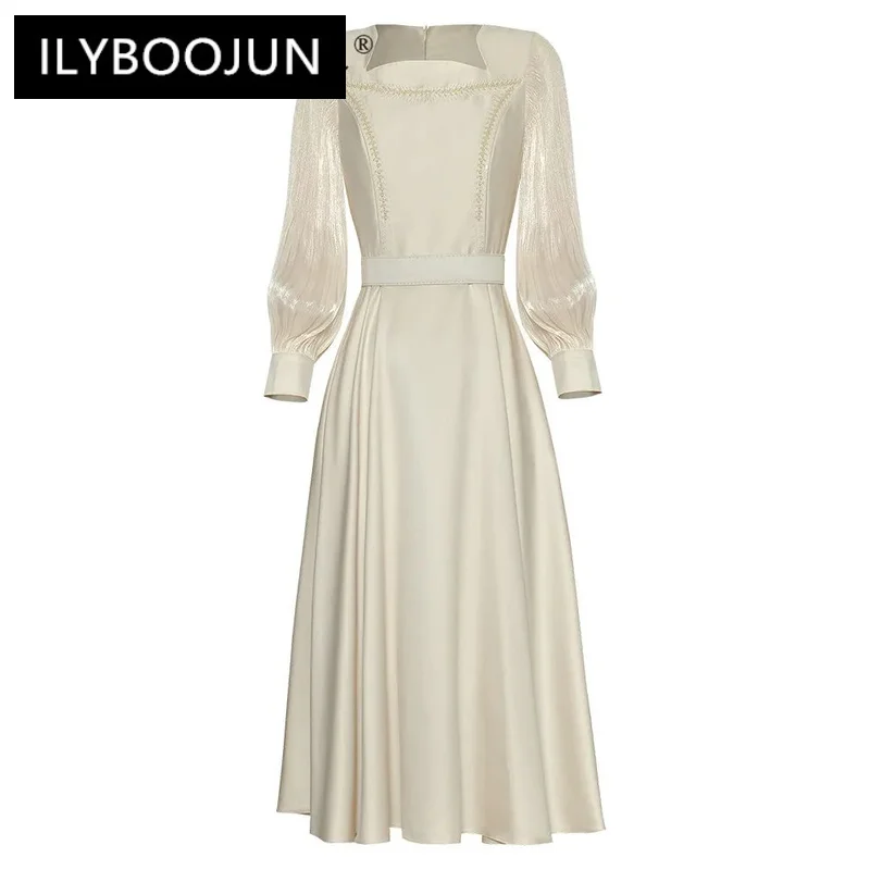 

ILYBOOJUN Fashion Designer Summer Women Dress Square Collar Ruched Lantern Sleeve Beading High Waist Princess Style Midi Dress