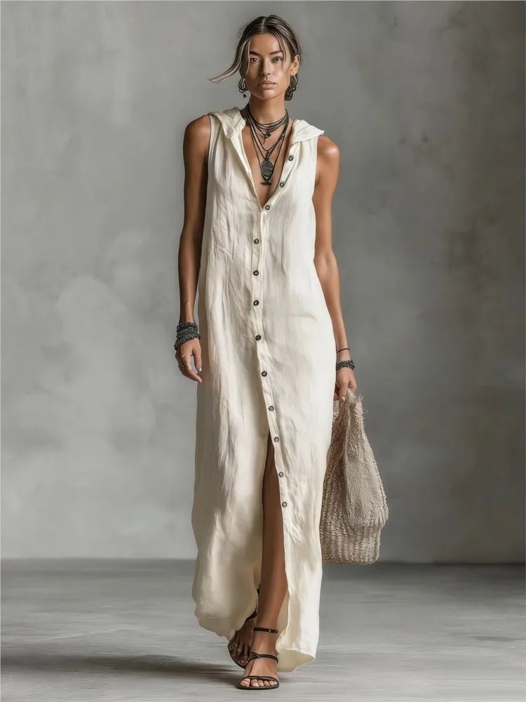 

Elegant Cotton Linen Hooded Dress Women New Loose V Neck Single Breasted Sleeveless Vestido Female Summer Casual Party Dresses
