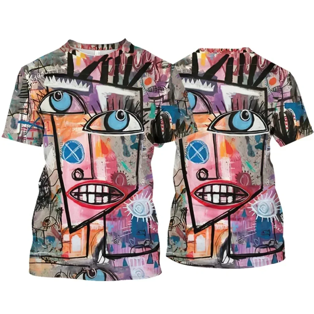 Hot Selling Funny Graffiti Face 3D Graphic T-shirt Men Hip Hop Trend Harajuku Street Fashion Loose O Neck Short Sleeve Top