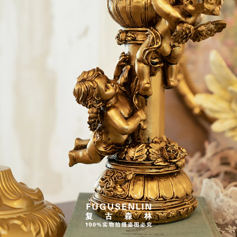 Retro Forest European-style Golden Angel Roman Column Candlestick Sculpture Resin Ornaments for Home