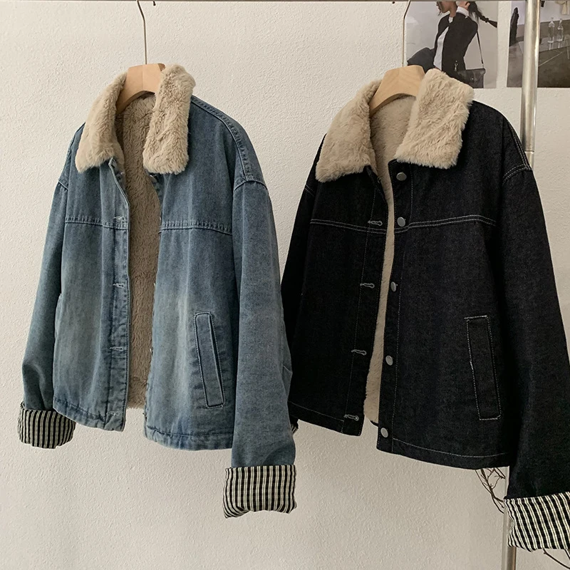 

Модная женская джинсовая куртка в полоску с манжетами в стиле пэчворк, винтажная теплая верхняя одежда с меховым воротником и длинными рукавами, топы, зимние пальто