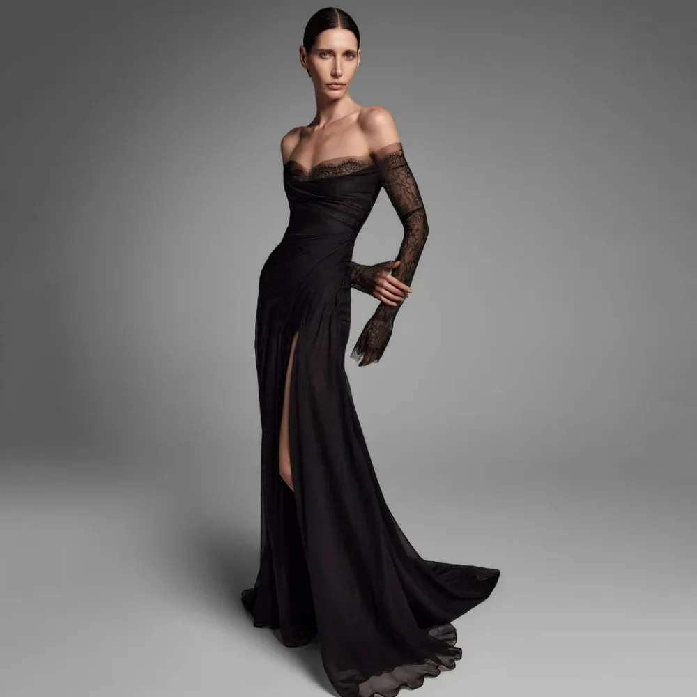 فستان سهرة أسود مثير قبالة الكتف عارية الذراعين الدانتيل الطمي ألف خط طويل حفلة موسيقية مهرجان عيد ميلاد فساتين رداء دي سواريه #2