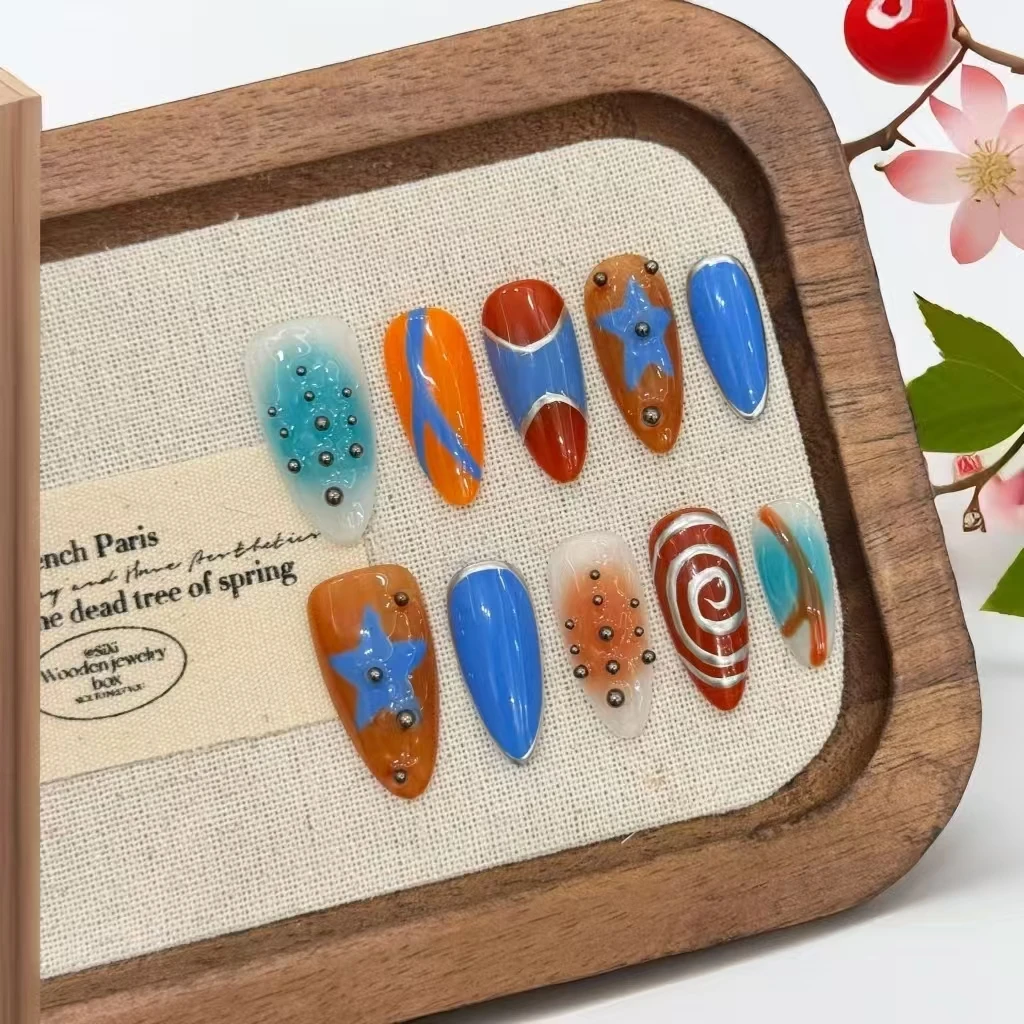 Faux ongles mécaniques Punk amande, 10 pièces, ligne métallique Cyberpunk, presse sur ongles pour femmes avec outils 4 pièces, onglets adhésifs pour ongles