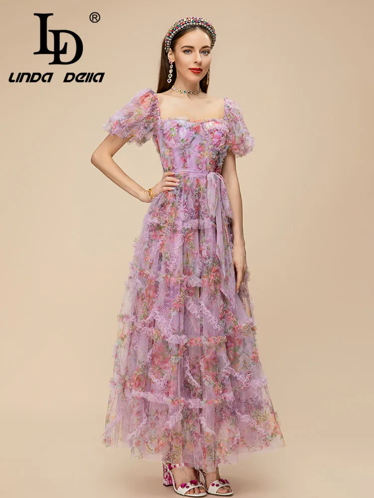 LD LINDA DELLA 2023 Summer Fashion Designer Party Dress Women's Square Collar Belt Print Cascading Ruffle Irregularity Dress