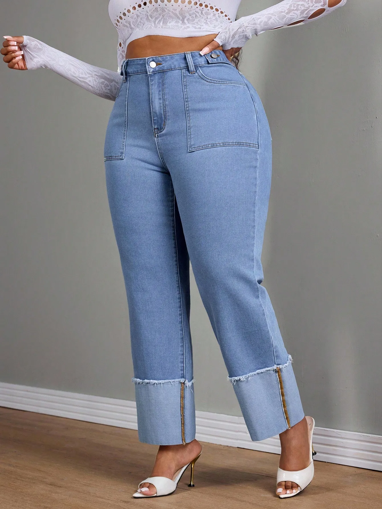 

Джинсы прямого кроя с высокой талией, манжетами и боковой молнией, больших размеров, весенний повседневный стиль