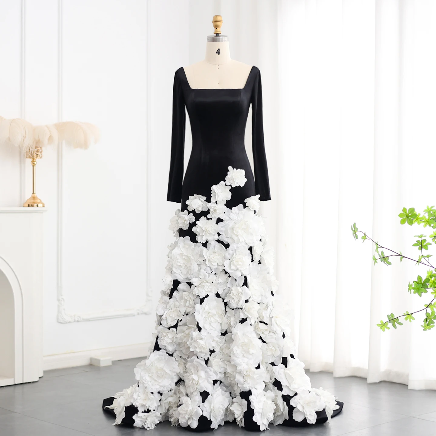 Sharon Said Luxus Dubai Schwarz Samt Trägerloses Abendkleid mit Handschuhen 3D Blumen Frauen Hochzeit Party Kleider SS748 Angepasst
