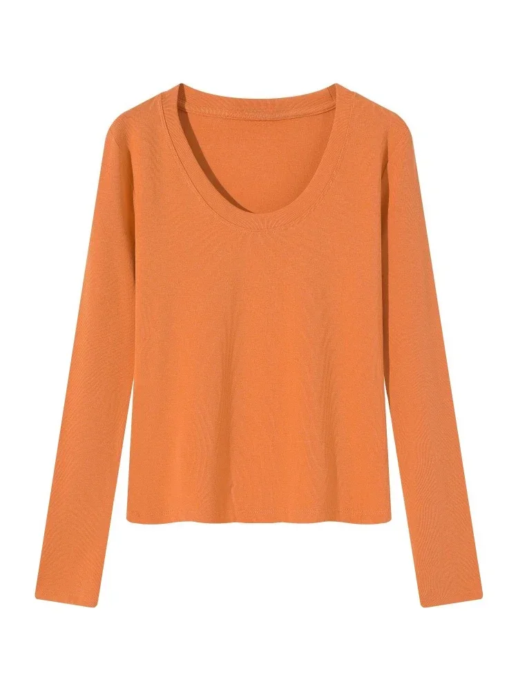 Koreanischer Stil Damen Herbst T-Shirt Langarm U-Ausschnitt Minimalistisches Einfarbiges Weiches Schlankes Basic-Layering-Oberteil Lässiges Strick-Top – Detail 5