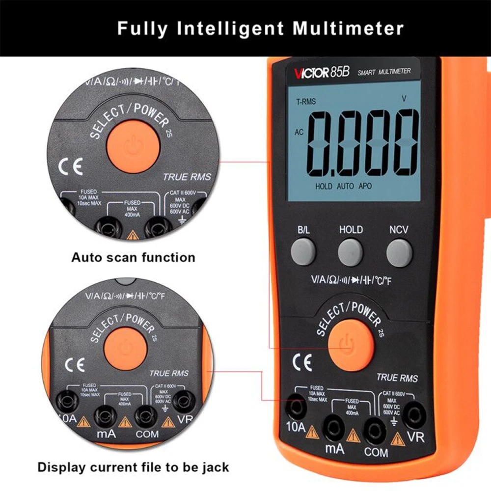 Imagem -03 - Victor-multímetro Digital de Alta Precisão Automático Inteligente Multifunções Anti-queimadura Amperímetro Tensão Corrente Ohm Tester 85a