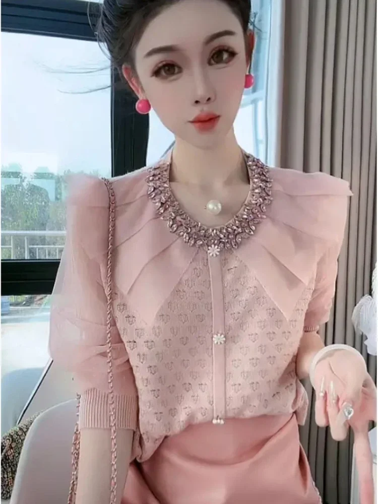 

Autumn New Korean Style Heavy Industry Diamond-encrusted Doll Collar Shirt Women's Hollow Knitted Shirt Elegant Age-reducing Top