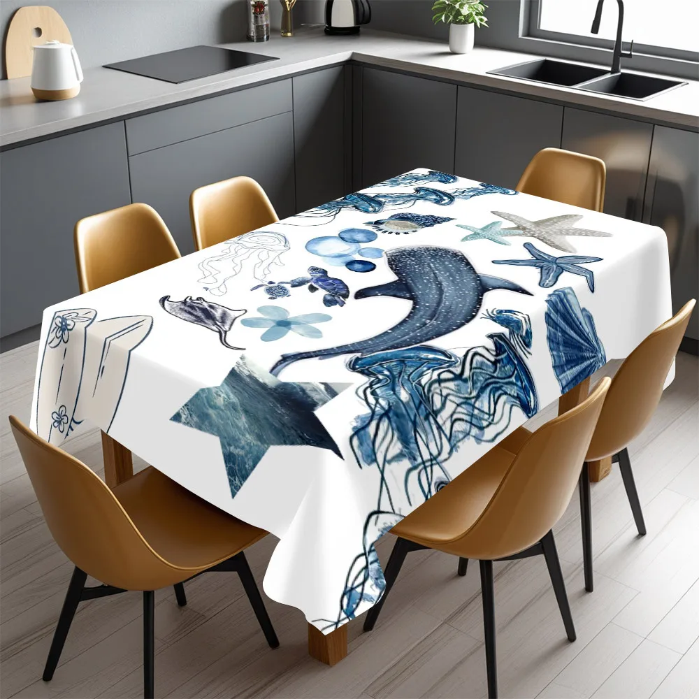 Ocean Marine Life Tablecloth, White Base With Whale Shark Jellyfish Print, Rectangular Table Cover for Beach Theme Party Decor