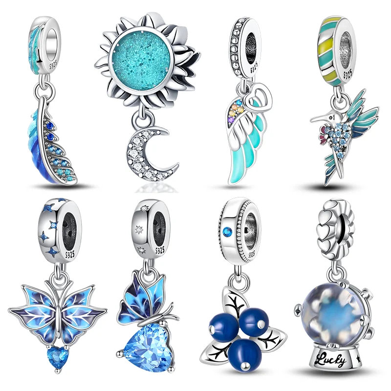 

925 Sterling Silver Beaded Pendant Shiny Zirconia Sun Feather Bird 3mm Original Bracelet Women Fine Jewelry