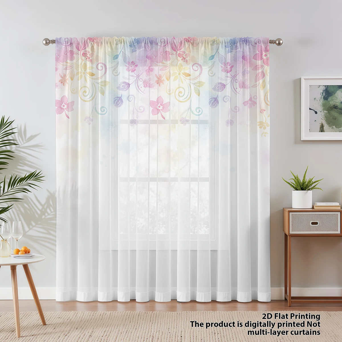 Rainbow Floral Gradient Print Sheer Curtain, Mother's Day 70% Light Filtering Privacy Sheer Curtain for Living Room Bedroom Stud - view 5