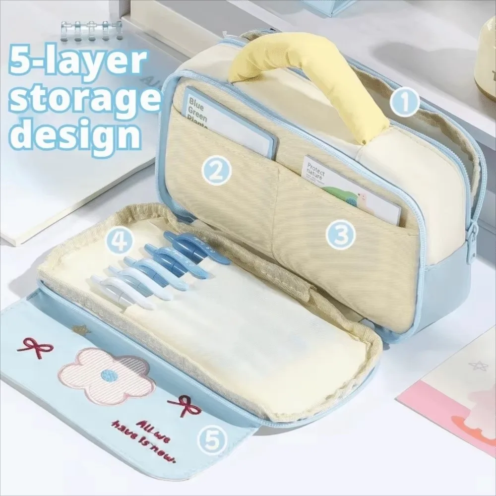 Soft Handle Stationery Bag Large Capacity Multi Pocket Pen Pouch Multi-Layer Zipper Closure Pencil case School Supplies