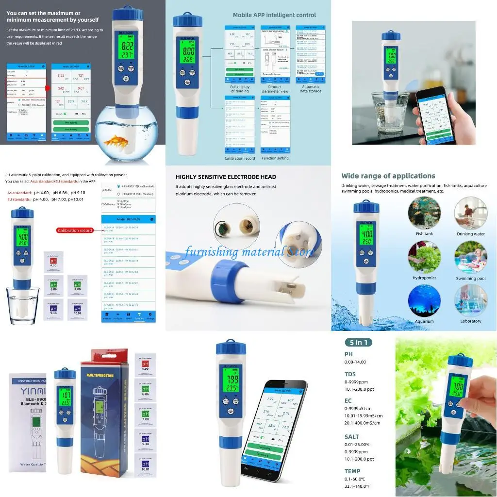 

Y5GD Water Quality Digital Tester 5 in 1 Salinity Temp EC Testing Meter, for Ideal Multifunctional Tester Detector Met