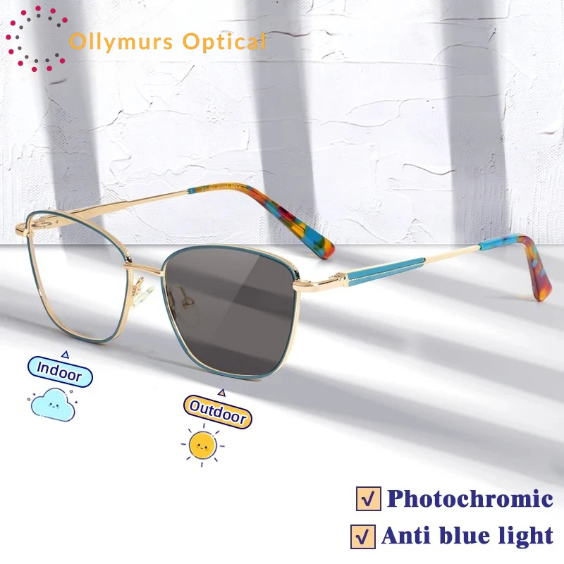 

OLLYMURS Fashion Women Cat Eye Photochromic Myopia Prescription Glasses Hyperopia Reading Blue Light Blocking Eyeglasses Frame