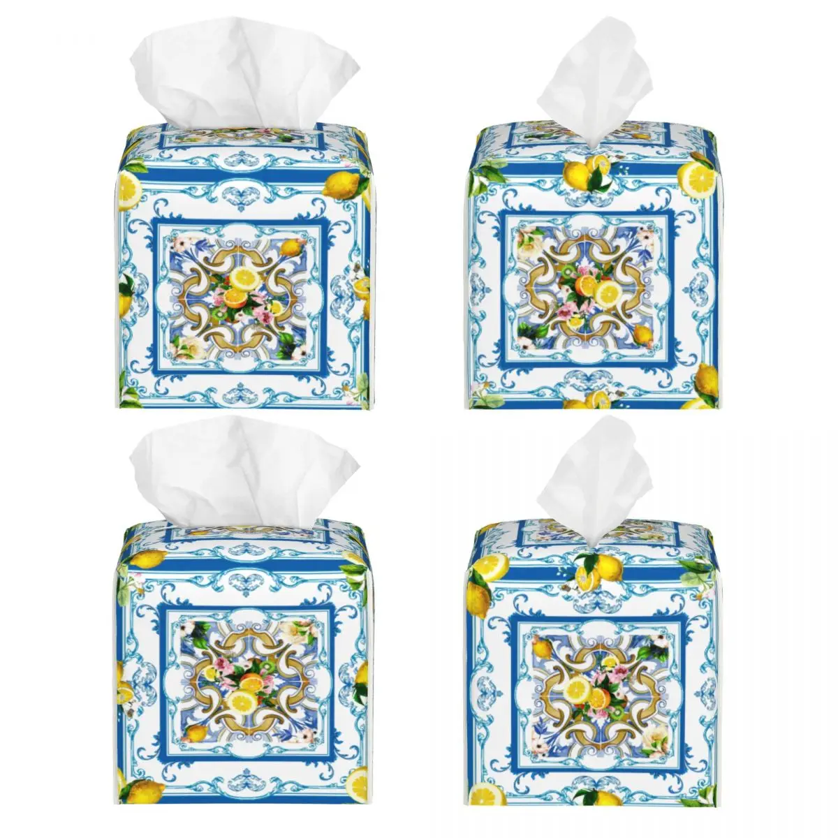 Custom Mediterranean Summer Fruit Lemons Tiles Facial Tissue Box Cover Square PU Leather Tissue Box Holder for Car Toilet