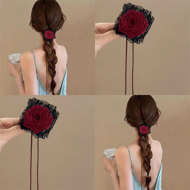 

Dark Night Rose Vintage Lace Flower Hair Ties Dark Wind Head Tie Dual Clavicle Chain Travel Hair Pins Accessories For Women