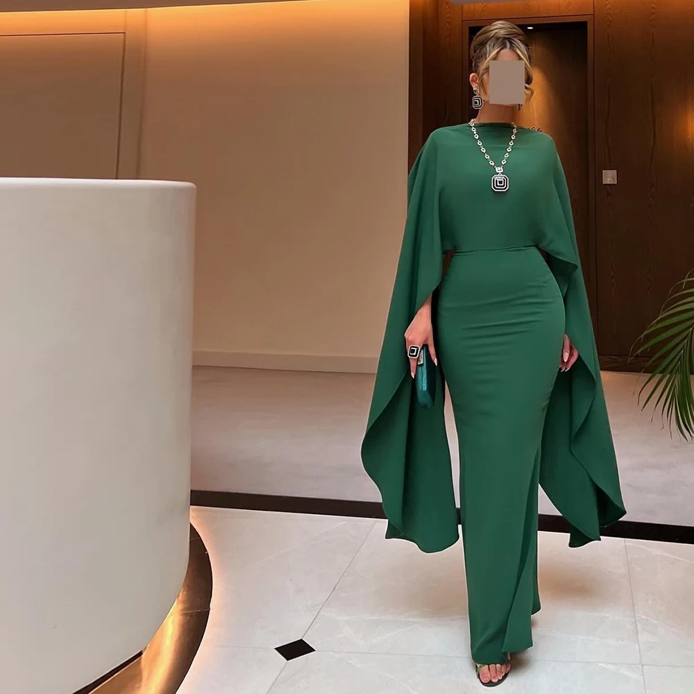 

Sexy Straight Green Ankle Length Boat Neck Jersey Long Sleeves Prom Dress Elegant Pleats Saudi Arabia Bespoke Occasion Gowns