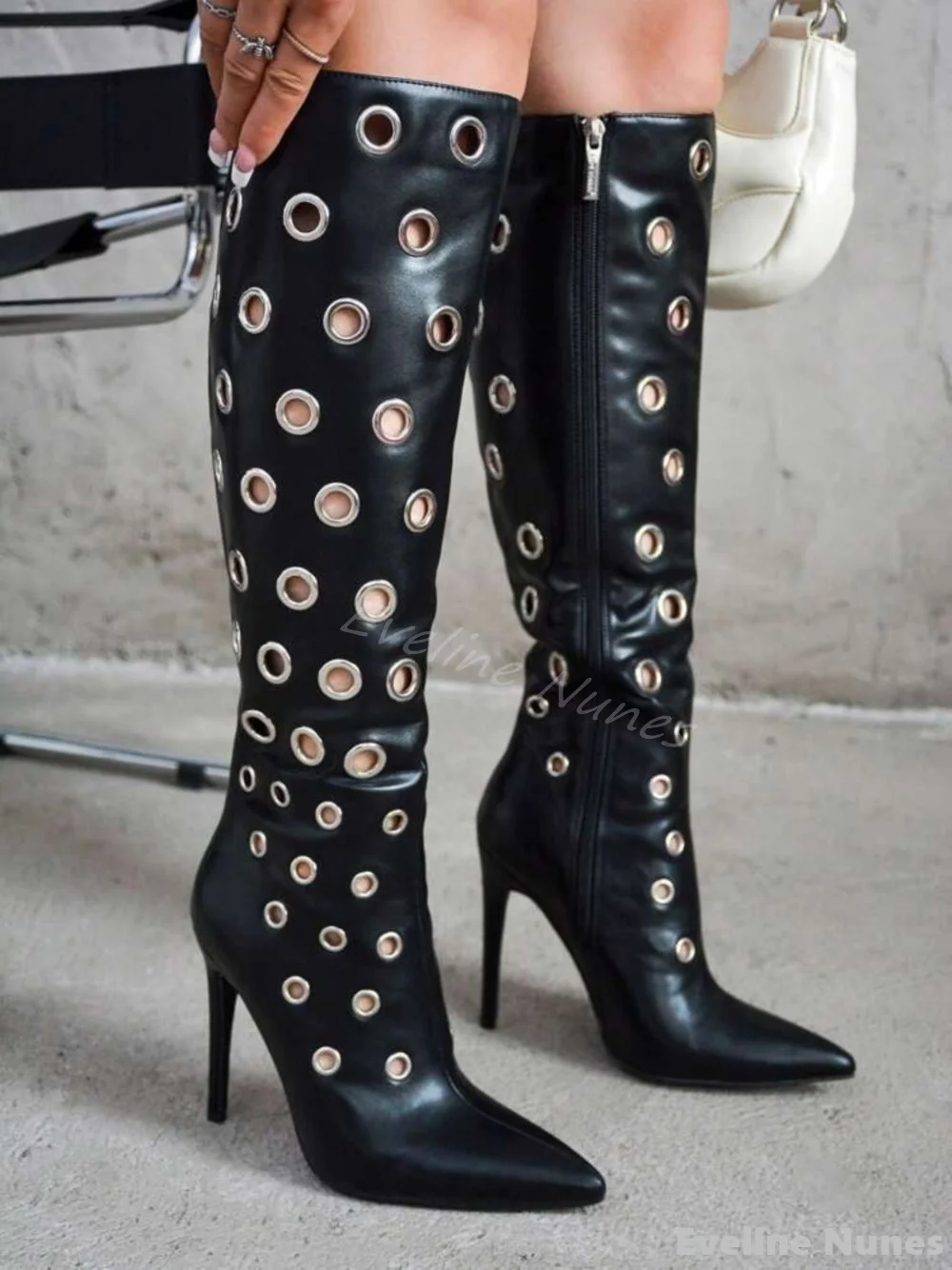 

Hollow Metal Hole Mid-calf Boots Women Pointed Toe Stiletto Heel Slip On Black Leather Boots New Fashion Design Catwalk Boots