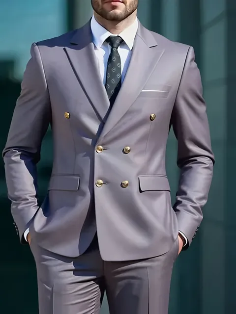 Fashion New Men's Leisure Boutique Business Banquet Solid Color Wedding Double Breasted Slim Fit Suit Blazers Jacket Pants 3