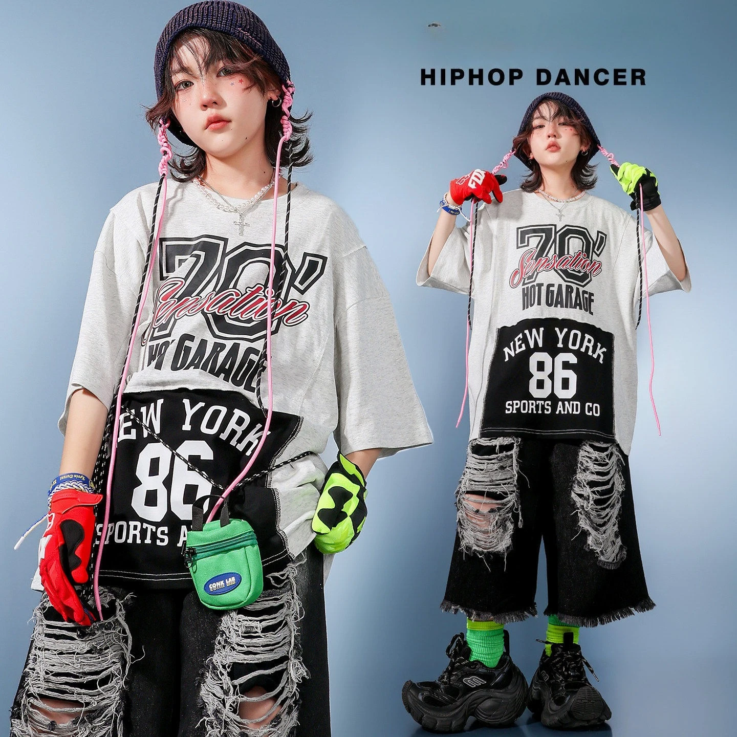 Kids Boys Hip Hop Street Dance Set Loose Short Sleeve Top Black Ripped Capri Pants Breathable Hip Hop Stage Performance Outfit