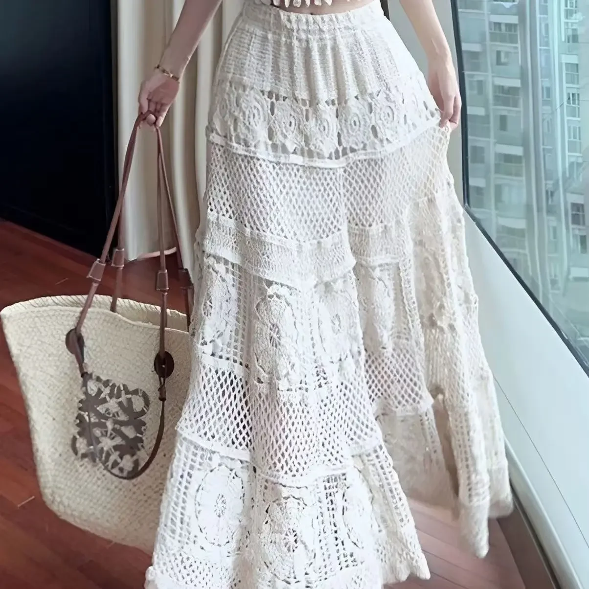 2025 Crochet Long Semi Skirt Women Lace Version of Gentle Heavy Industry Retro Hollow Design Elastic Knitted  A-shaped